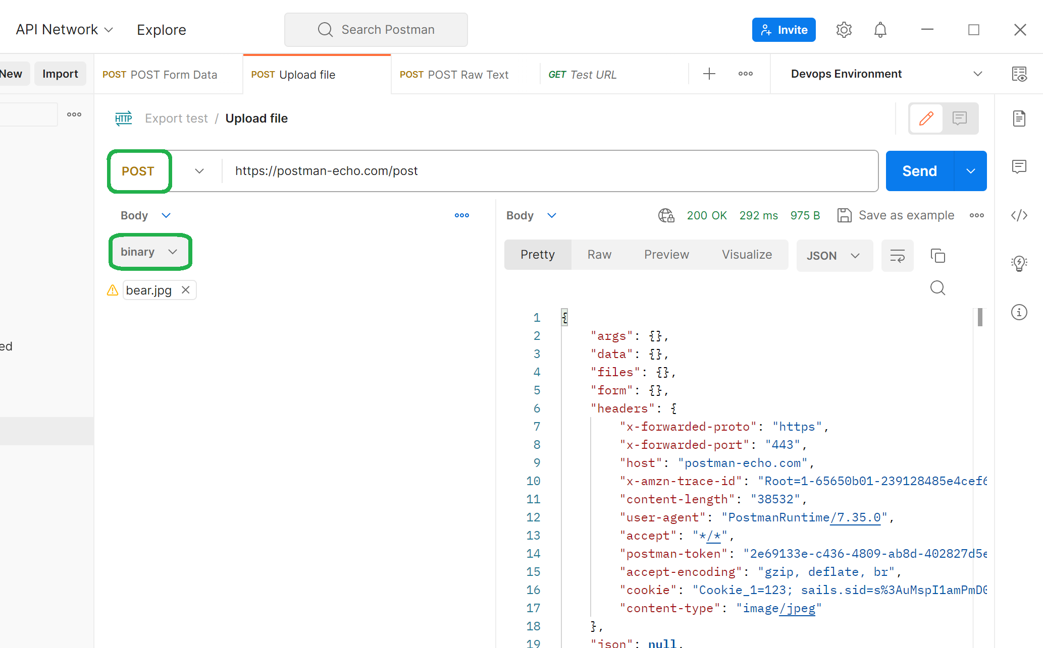 To upload a file in Postman, select the POST method