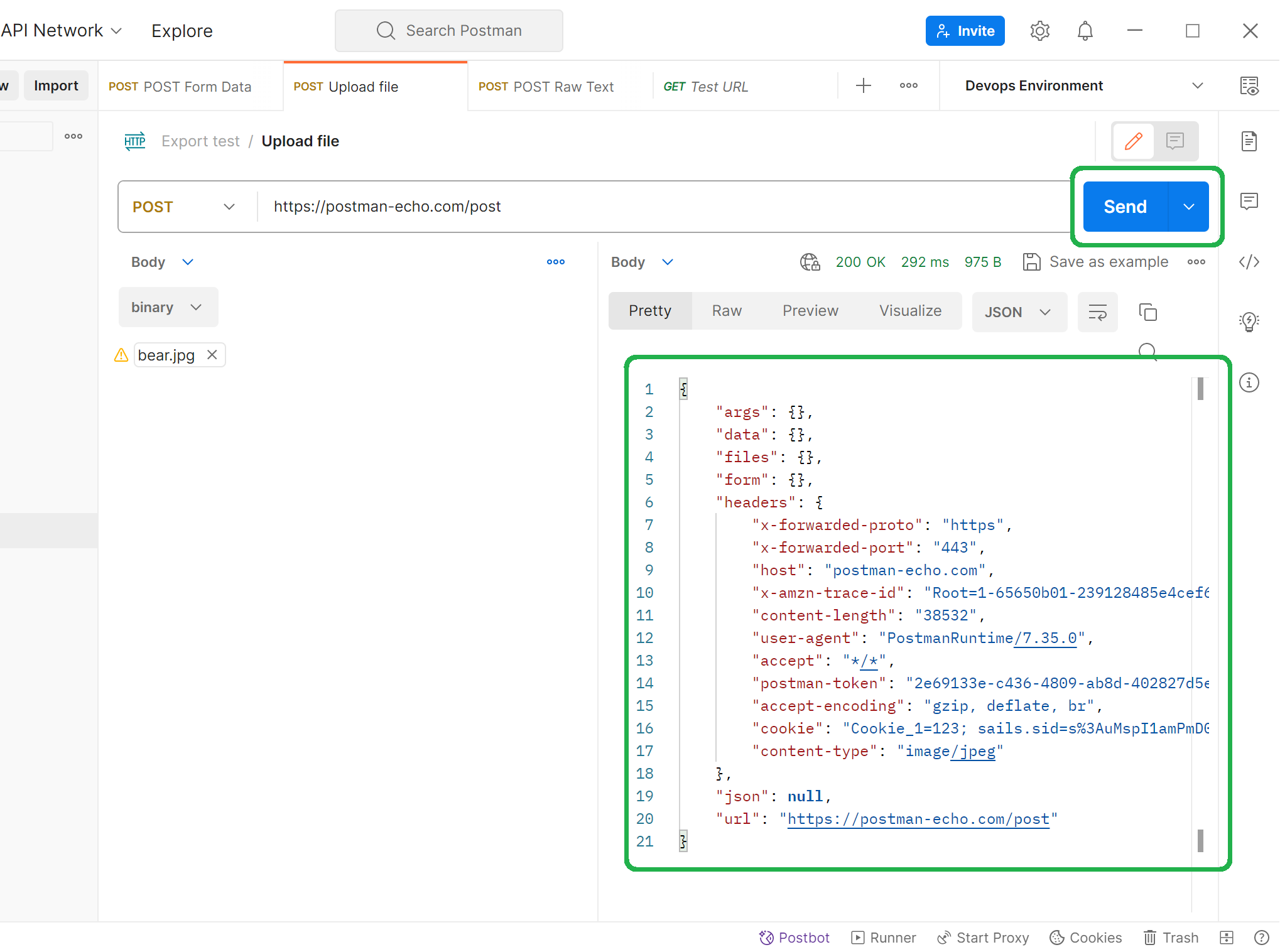 To upload a file in Postman, select the file