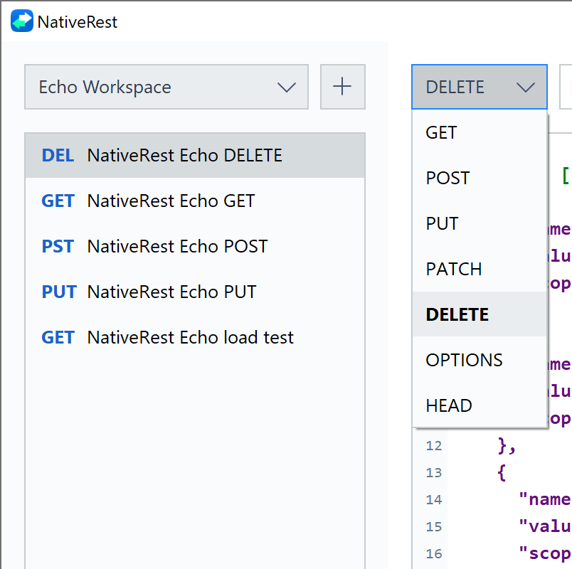 NativeRest select HTTP method (GET, POST, PUT, PATCH, DELETE, OPTIONS, HEAD)