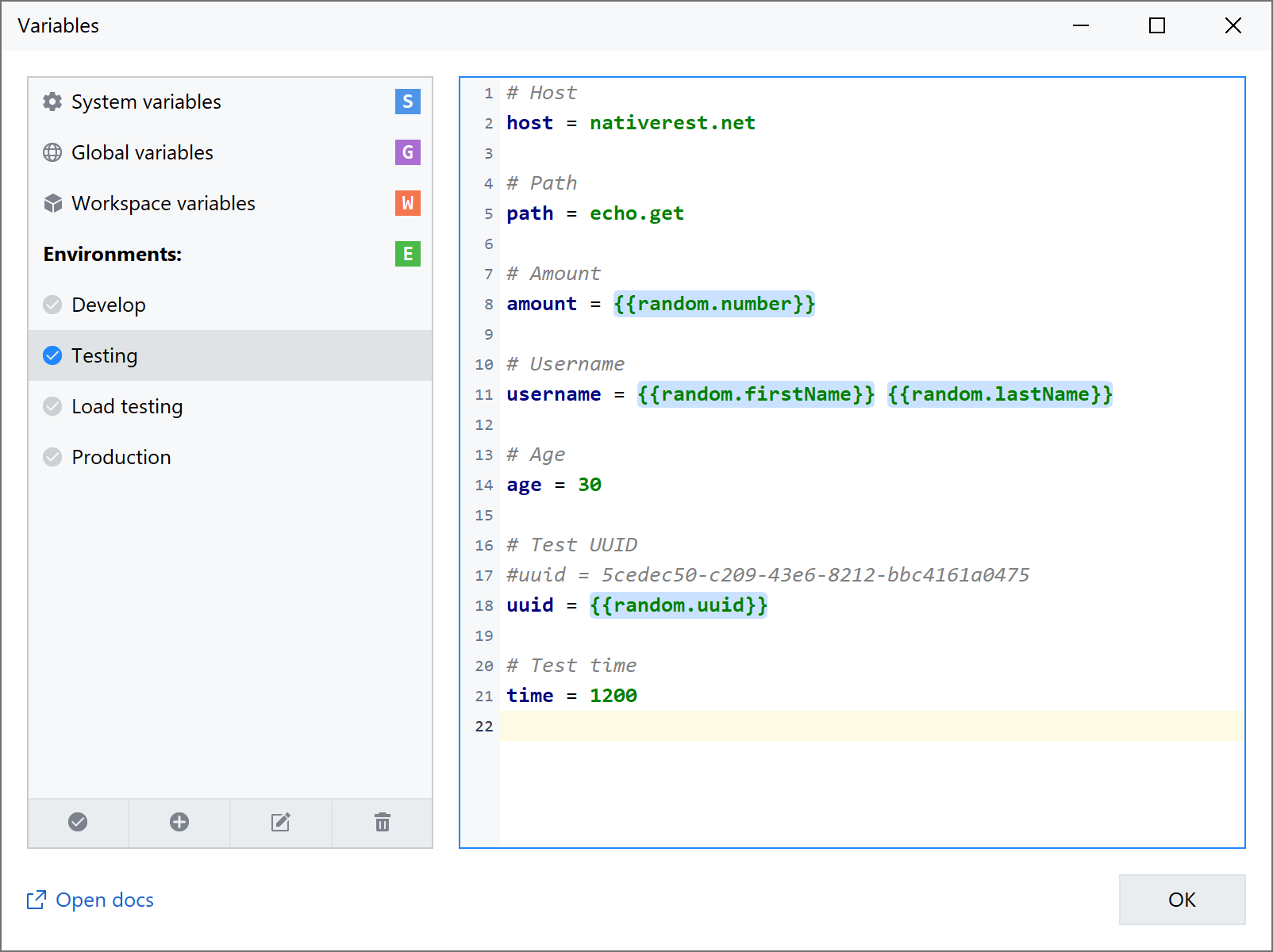 NativeRest variables panel