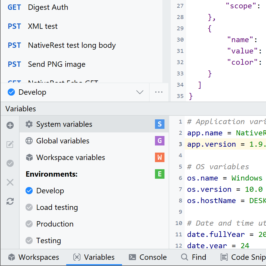 NativeRest variables panel