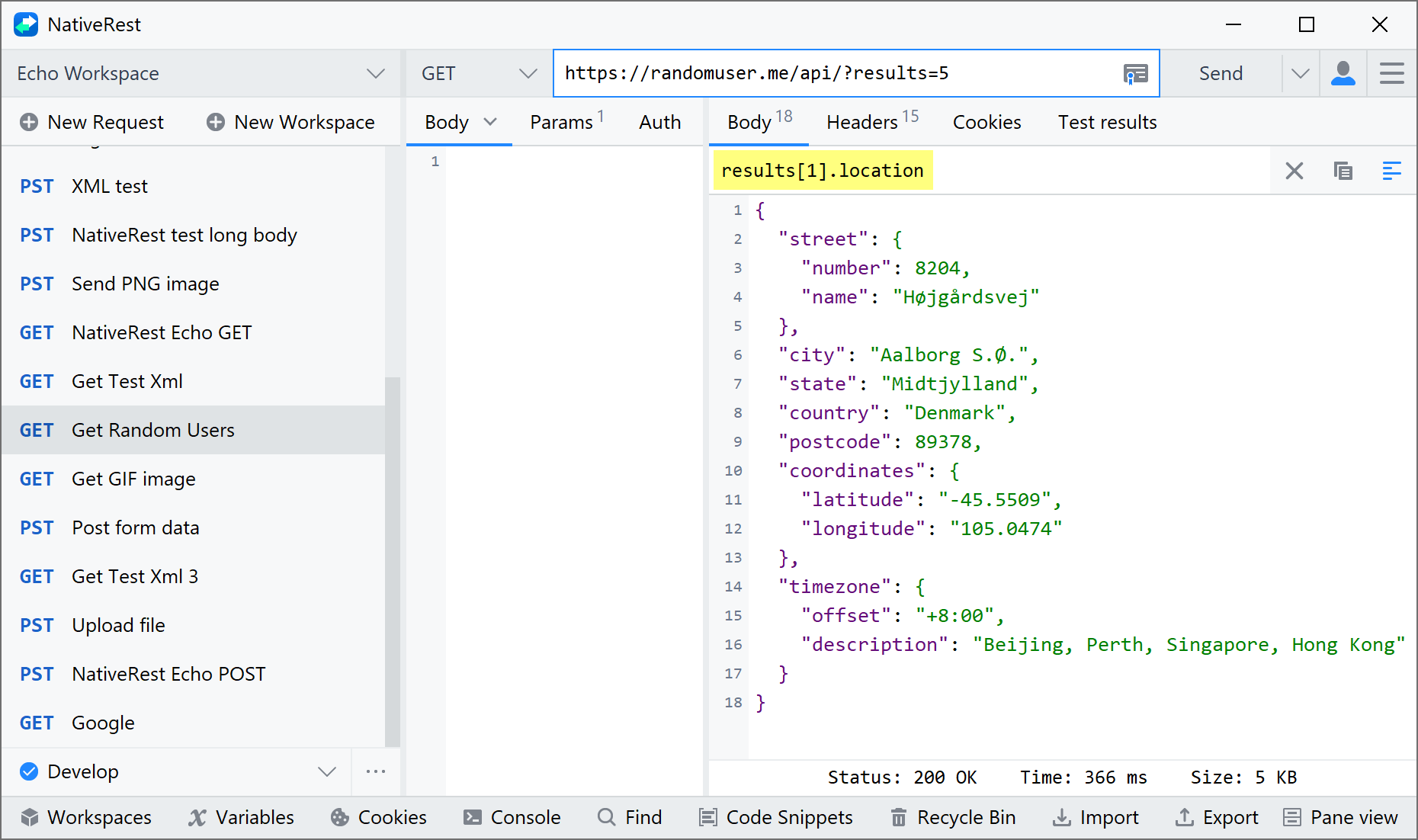 NativeRest variables panel