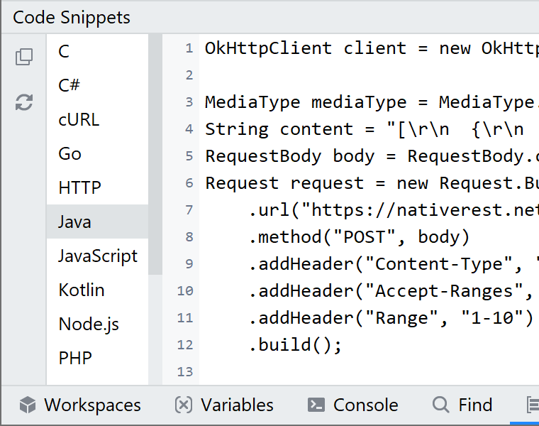 Generating code snippets in NativeRest (REST Client)