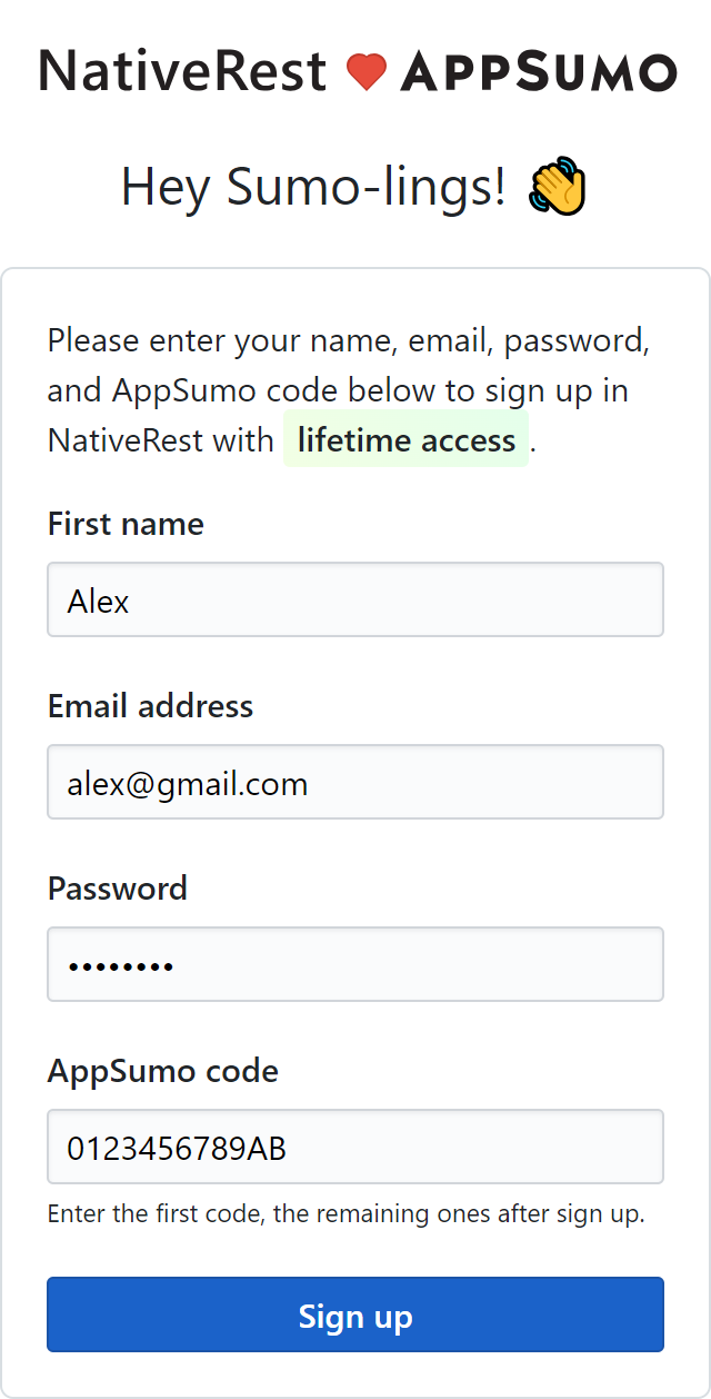 NativeRest sign up via AppSumo