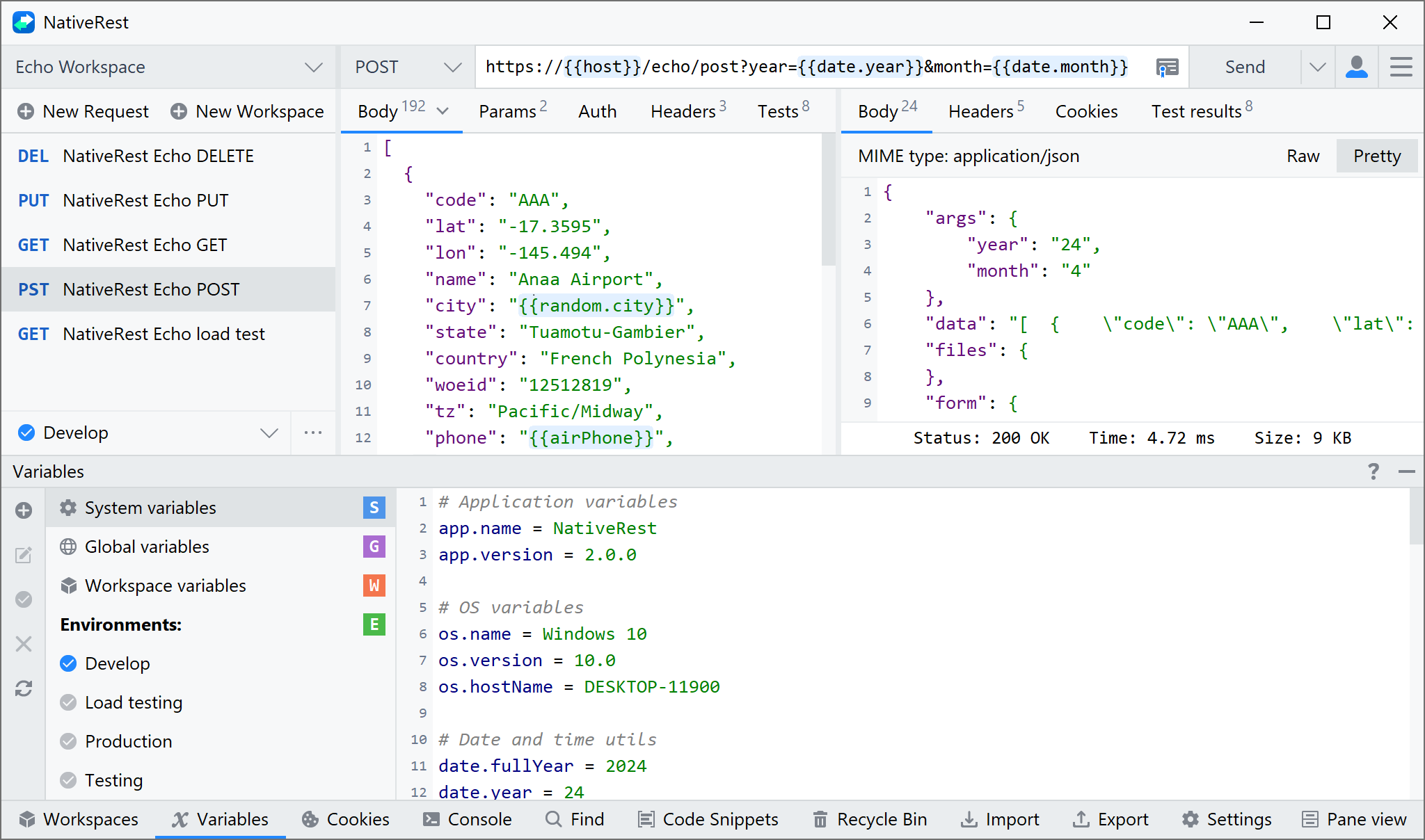 NativeRest variables panel