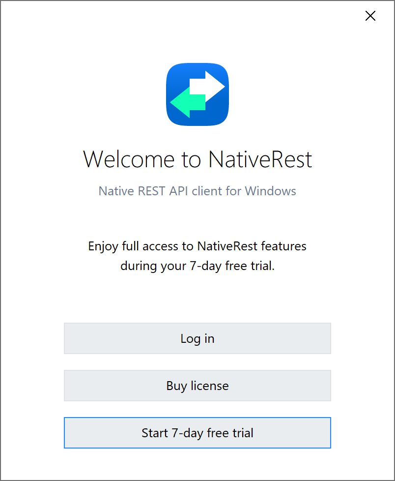 NativeRest welcome window